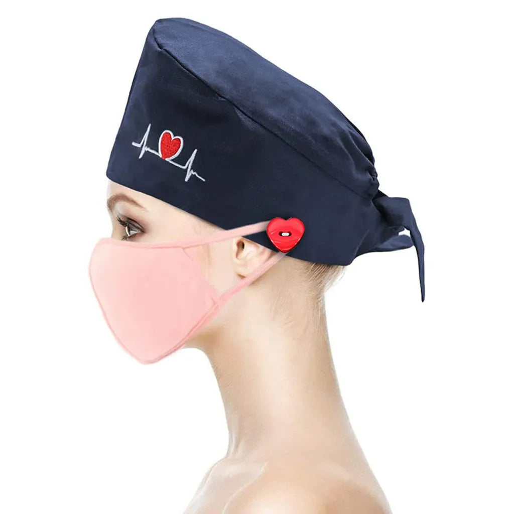 Cotton Working Cap With Button Sweatband Adjustable Heartbeat Bouffant Hats Women Men Nurse Scrub Caps