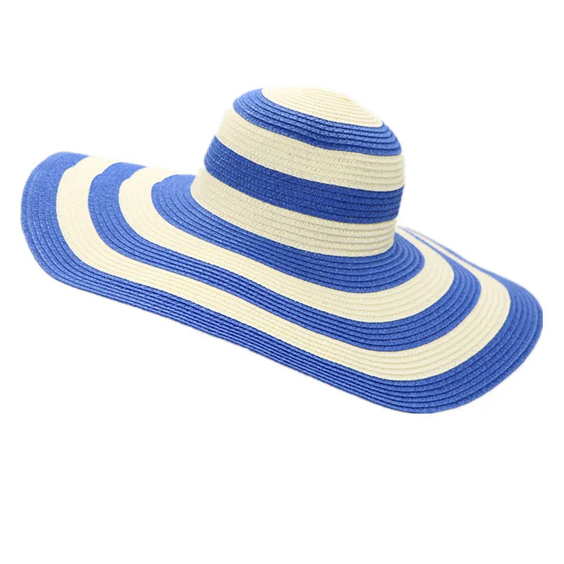Summer Large Brim Beach Sun Ladies Hats Womens Blue White Stripes Floppy Straw Hat