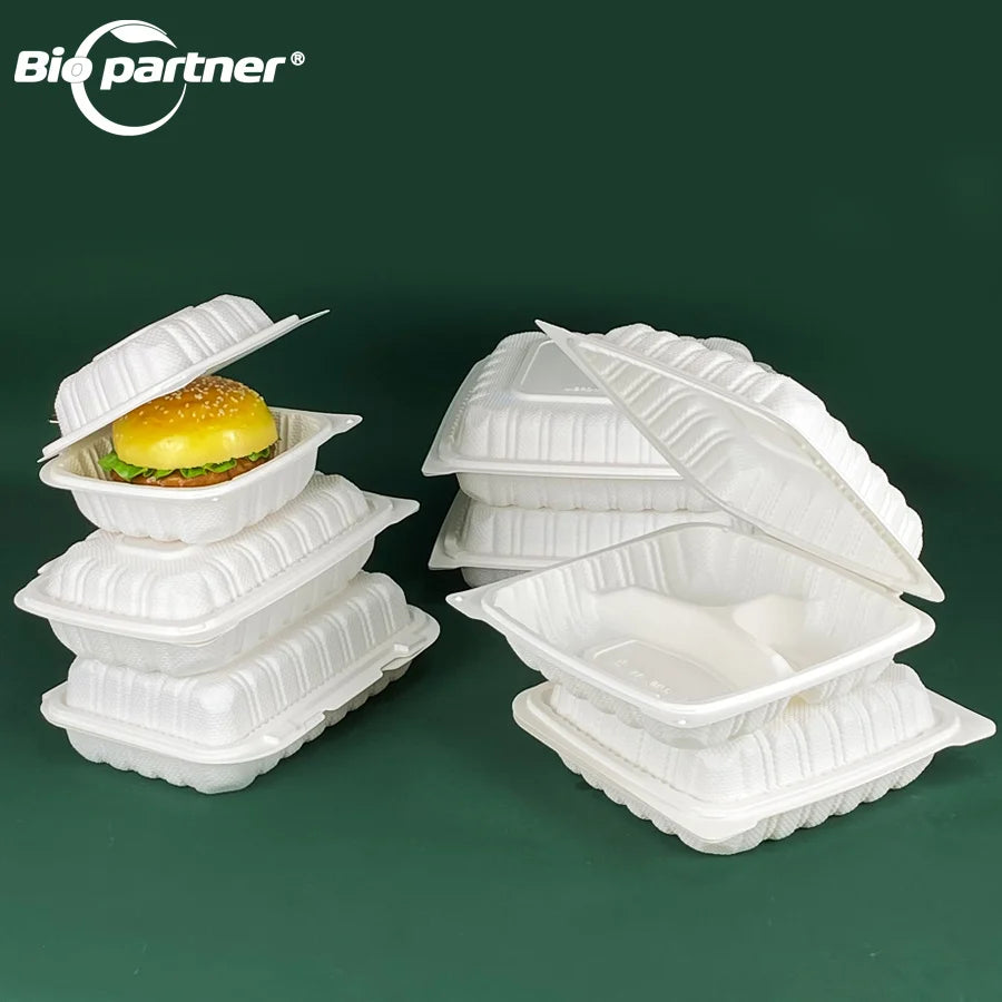 Biodegradable Clamshell Go 3 Compartment Eco Friendly White Take MFPP Plastic Box Hinged Food Container Lid Microwavable Free