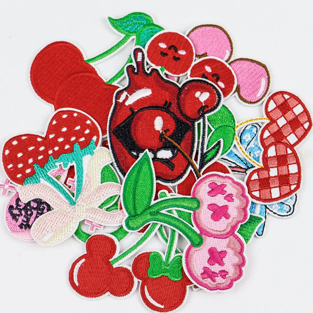 Red Cartoon Fruit Cherry Bow Patch Cherry Fruit Embroidery Twill Iron on Patches Custom Embroidered Patches for Clothing Hat