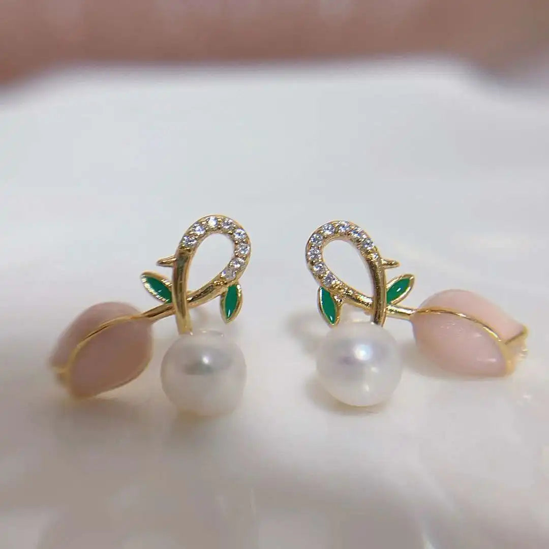 White Needle Anti Allergy Tulip Stud Earrings Bread Shape AAAA Grade Gold Plated Freshwater Pearl Earrings for Women Children