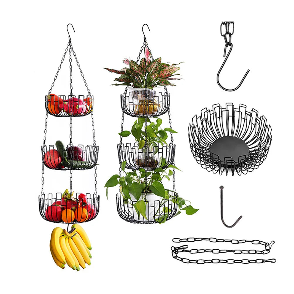 Detachable 3-Tier L-Shaped Metal Display Rack Organizer Hook Type Installation for Kitchen Fruit Vegetable Storage Banana Hanger