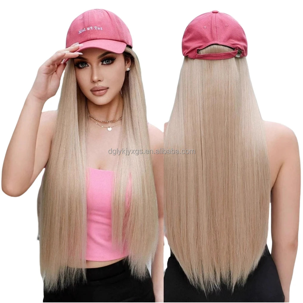Hot sales baseball cap Hair Wig Straight Synthetic Wigs Pink Hat Wig Suitable for outdoor wear by European American women hair MegaBDM