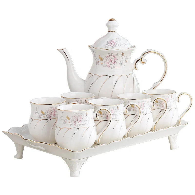 British 8 Pieces White Chinese Tea Set Porcelain Coffee Set Tea Pot Set with 6 Cups
