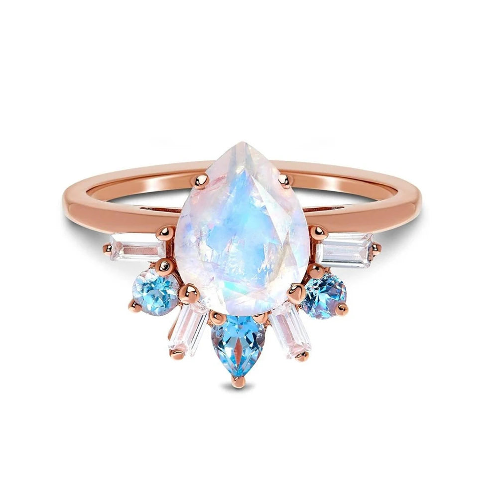 FuLsun Trend Jewelry Silver 925 14k 18k Rose Gold Plated Zircon Pear Cut Moonstone  Prong Set Finger Ring