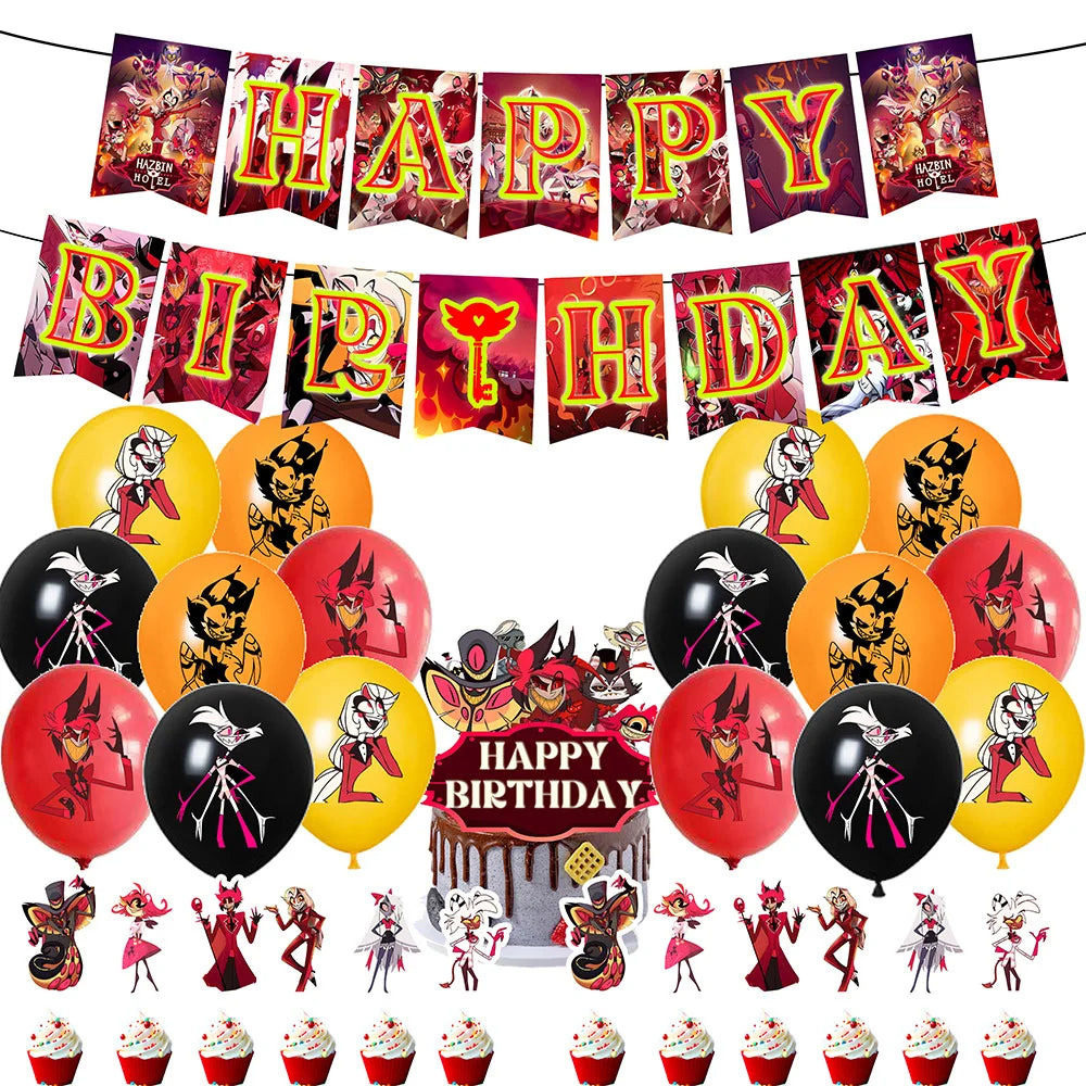 DIY Cartoon Hazbin Hotel Birthday Party Decorations Include HAPPY BIRTHDAY Bunting Balloons and Cake Toppers X9110