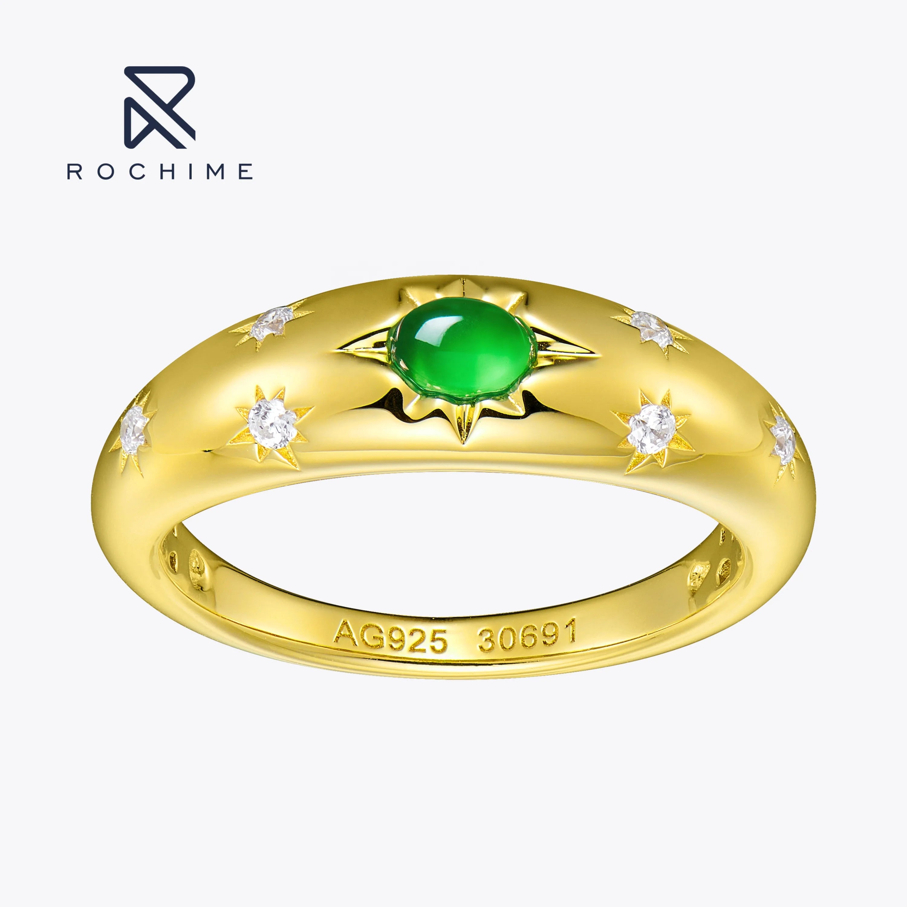 Rochime Green Chalcedony Jade Gemstone Diamonds Rings Women S925 Silver 18k Gold Plated Ring Fine Jewelry