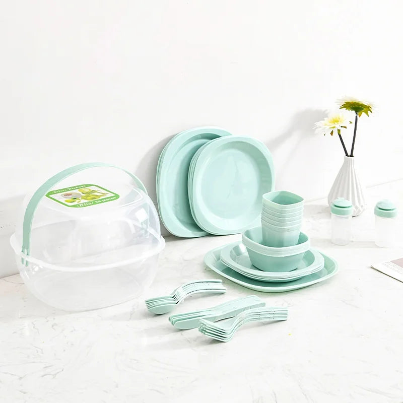 Portable Outdoor 54-Piece Plastic Tableware Set Eco-Friendly Modern Design Convenient for Camping Picnic Practical Plate Dish