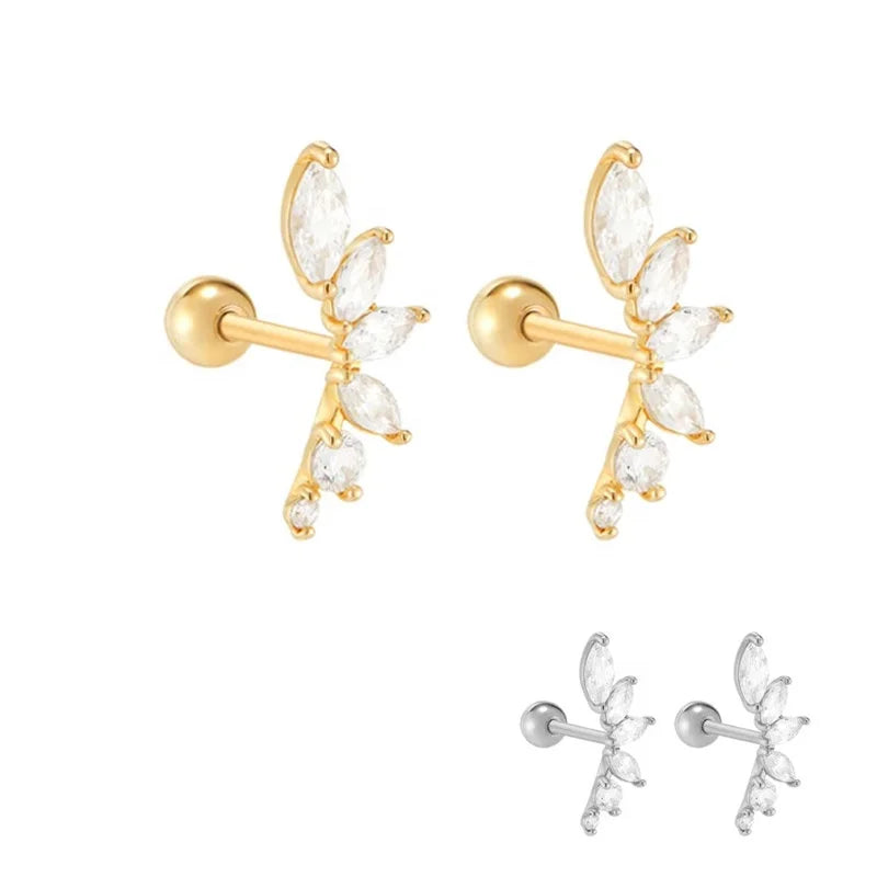 FUAMAY Silver Curved Leaf Stud Earrings with Oval Stone Gold Plated Cartilage Piercing for Weddings Featuring Zircon Main Stone
