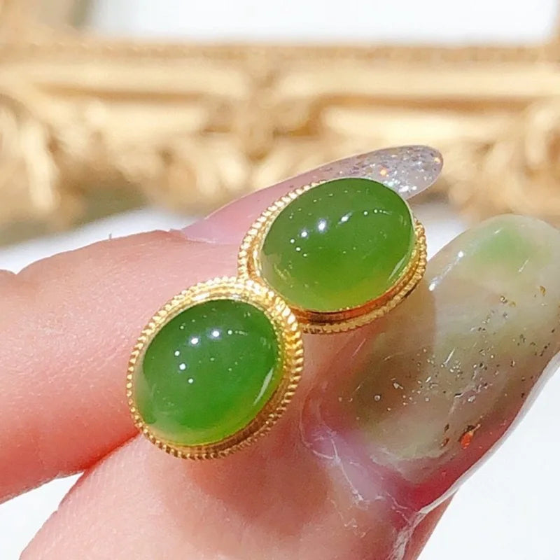 Aimgal Fine Jewelry AU999 Yellow Gold Hotan Jade Egg Noodle Stud Earrings Stylish Accessory for Anniversaries and Engagements