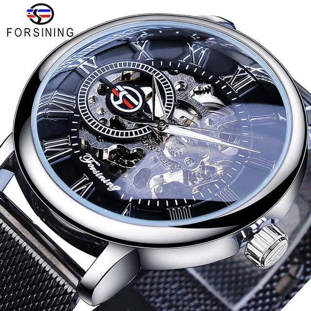 Forsining Fashion Transparent Engraving Case Stainless Steel Men Mechanical Watch Top Clock Luxury Skeleton Man Clock Watches