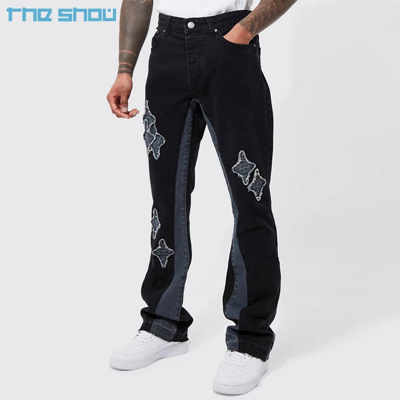 Clothes Manufacturer Vintage Acid Wash Denim Mens Jean 100% Cotton 16 OZ Fashion Star Patchwork Slim Flare Applique Panel Jeans