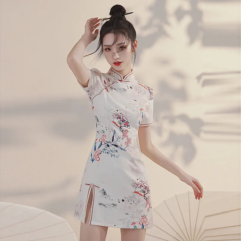 Modern Slim Qipao A-line Chinese Dress Women Hanfu Ethnic Style Traditional Female Improve Printing Cheongsam