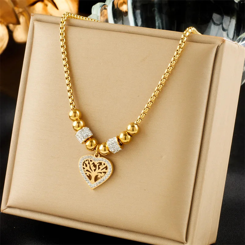 Fashion Hollow Gold Heart Shape Zircon Tree of Life Pendant Necklace Stainless Steel Heart Necklace for Women