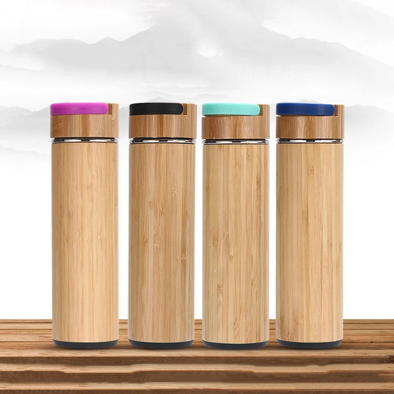 550Ml Custom Double Wall Insulated Vacuum Natural Bamboo Water Bottle With Wooden Lid Large Tumblers Cups