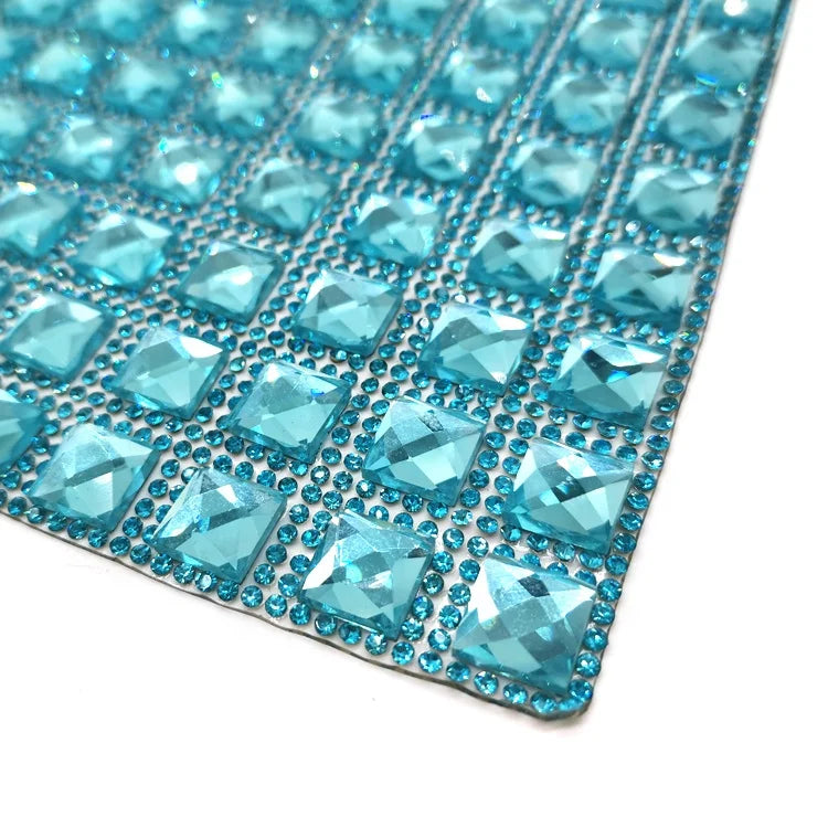 24*40cm Adhesive Rhinestone Mesh Sheets Hot Fix Aqua Square Glass Rhinestone Mesh Trimming
