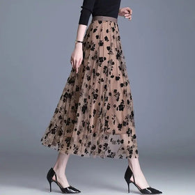 60-110CM Waist Small Floral Mesh Skirt Flocking Medium Length Yarn Skirt Versatile High Waisted Full Length Sheer Skirt