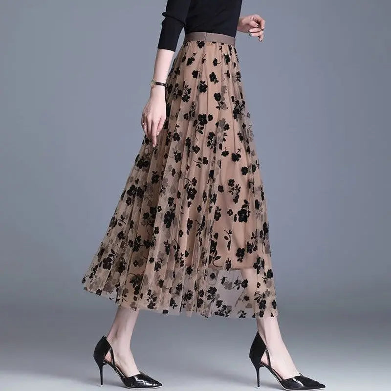 60-110CM Waist Small Floral Mesh Skirt Flocking Medium Length Yarn Skirt Versatile High Waisted Full Length Sheer Skirt