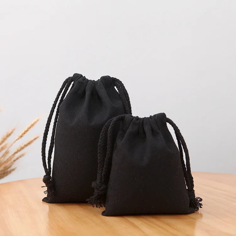 Custom Private Black Cotton Linen Canvas Drawstring Bag with White Printed logo for Handbag Hat Cap Shoe Packaging Dust Pouch