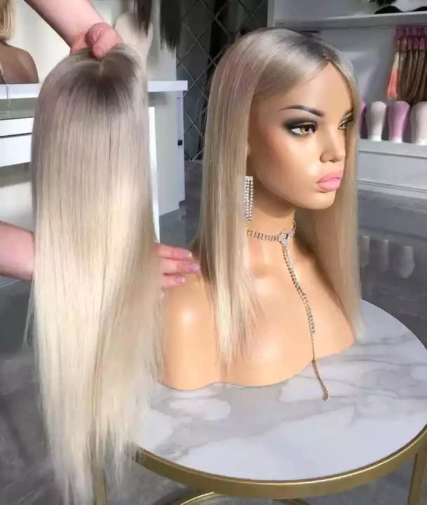 Customized Ombre Ash Blonde Color Cuticle Aligned Human Hair Silk Base Topper for Women