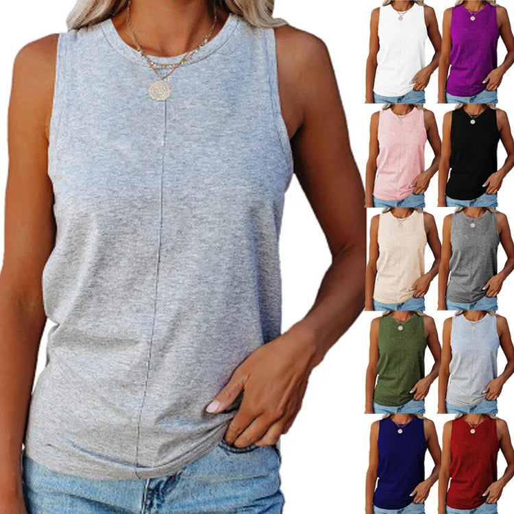 Hot Style Women's Summer Sleeveless Vest Solid Color Knitted Outwear with round Collar Simple Street Casual Top European Style
