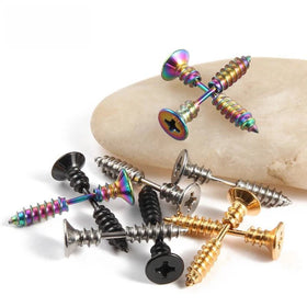 Men Punk Jewelry Anniversary Rose Gold Plated Stainless Steel Simple 1Pair Nail Screw Back Stud Earrings Various Color Stock
