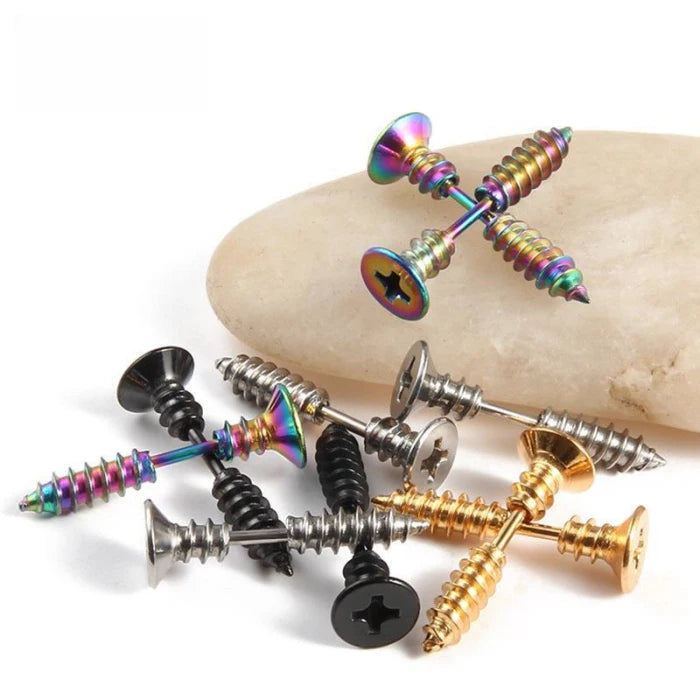 Men Punk Jewelry Anniversary Rose Gold Plated Stainless Steel Simple 1Pair Nail Screw Back Stud Earrings Various Color Stock