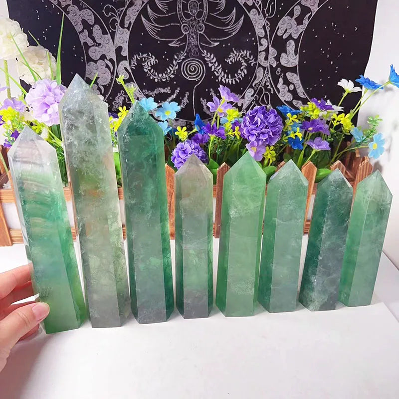 Cheap Wholesale Big Quartz Crystal Towers Natural Green Fluorite Crystal Healing Wands for Decoration