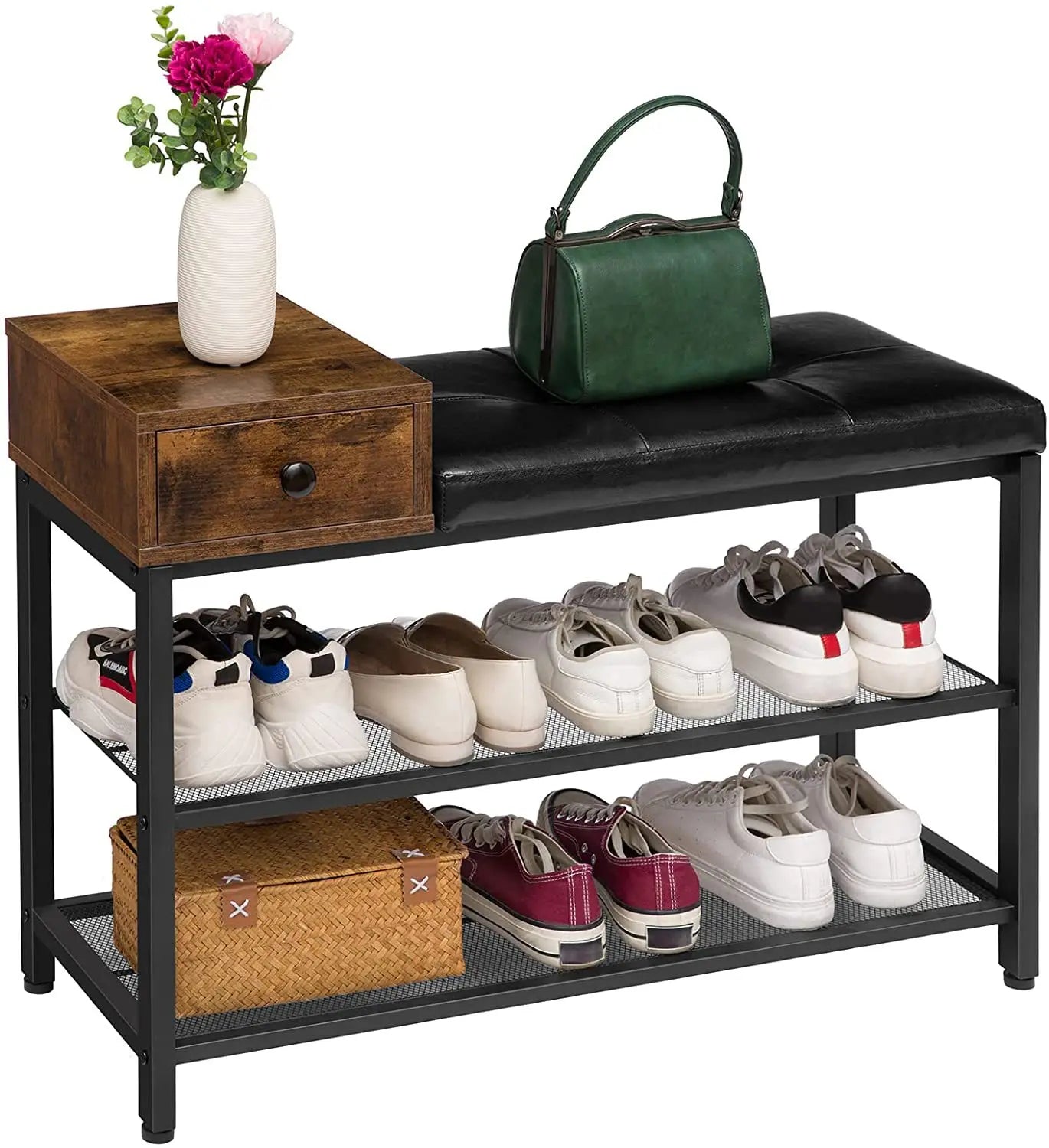 3-tier Metal Frame Shoes Organizer Rack with Seat Shoe Rack Stand for Entryways