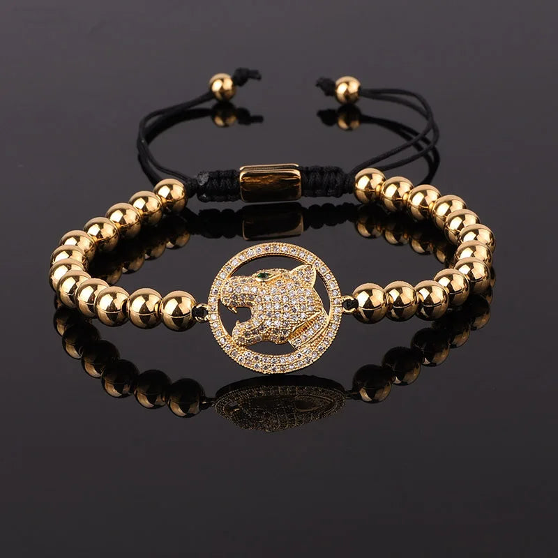 New Design CZ Pave Leopard Charm Stainless Steel Bead Men Macrame Custom Bracelet JBS9917