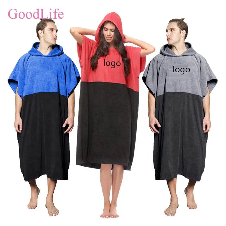 Custom Microfiber Cotton Adult Hooded Surf Poncho Changing Beach Towel Robe for Kids Adults