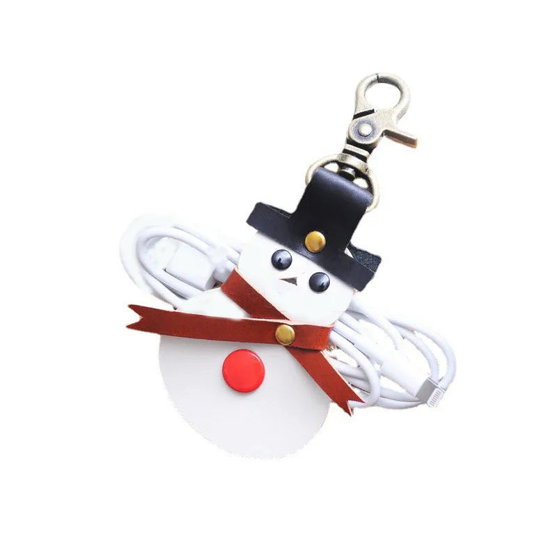New Christmas Gift Key Bag with Cute Snowman Leather Cable Winder Simple Key Chain Pendant Portable Storage
