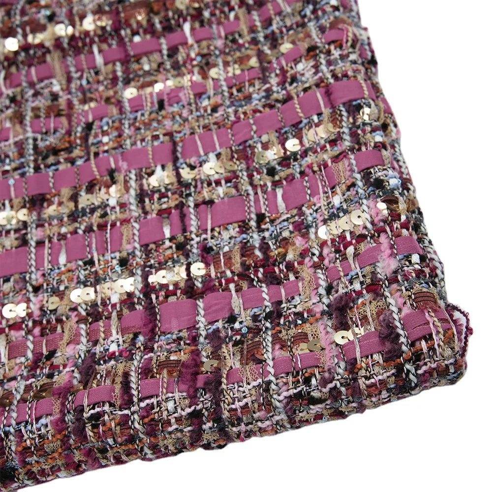 New Style Ladies Tweed Fabric with Shiny Gold Metallic Sequins Pink Yarn Dyed Woven Design for Girls
