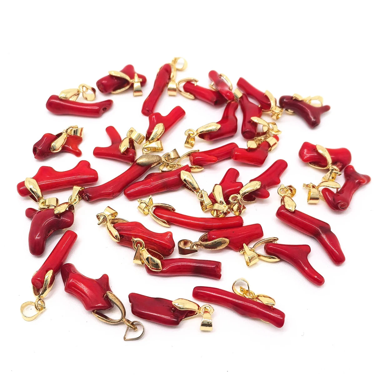 18K Gold Overlay Natural Stone Good Luck Charm Pendant with Coral Bale 3-5mm Mediterranean Coral Beads Red Colour