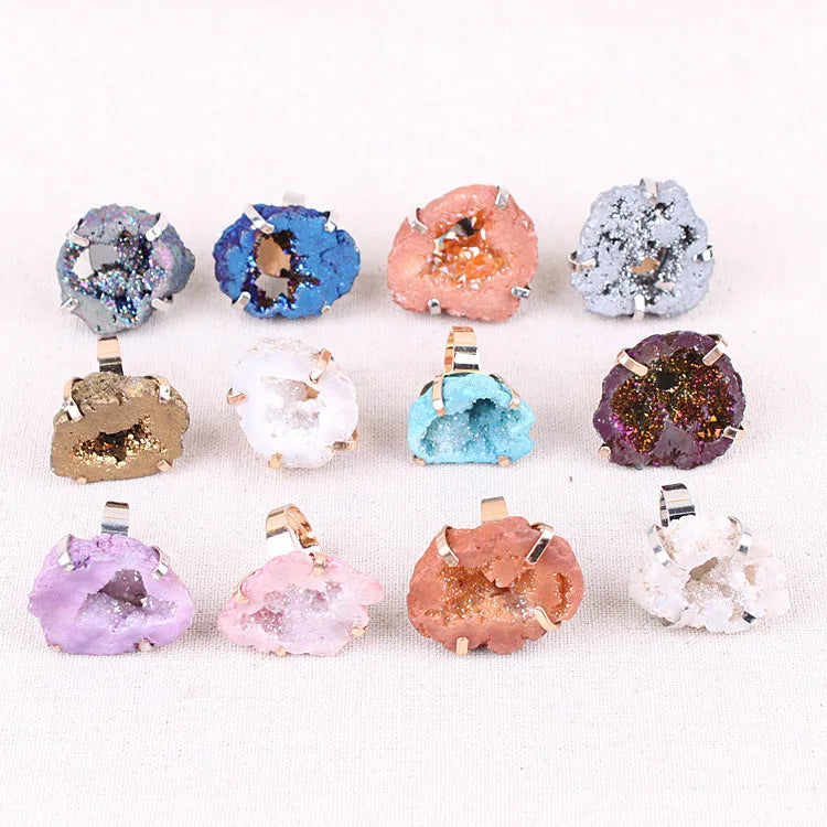 Fashion Open Ring Titanium Coated Agate Crystal Cluster Ring Adjustable Finger Ring