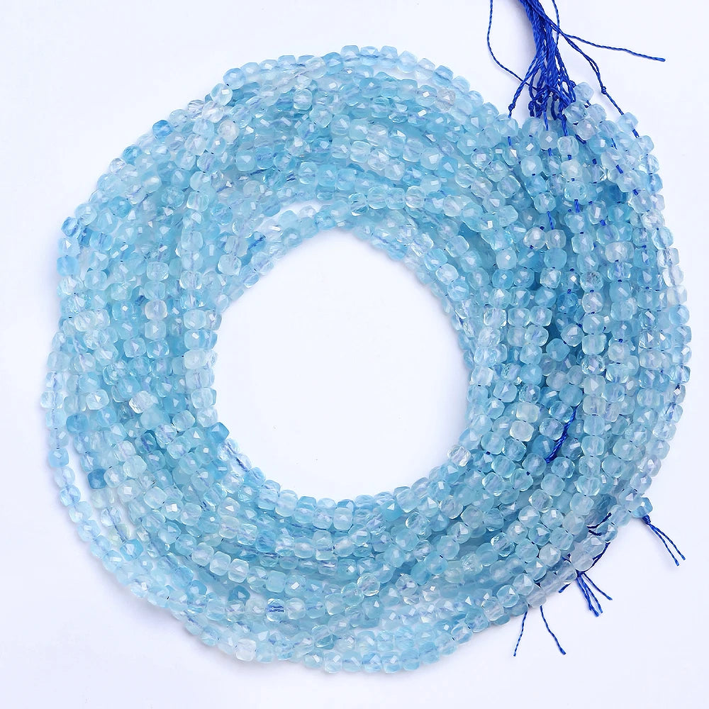 Wholesale A+ Natural 4mm Aquamarine Cube Faceted Beads Loose Stone Beads for Jewelry Making Necklace DIY Accessories