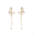 AA01376 Korean Diamond Inlaid Butterfly Pearl Tassel Earrings New Design Temperament Light Luxury S925 Silver Needle Earrings