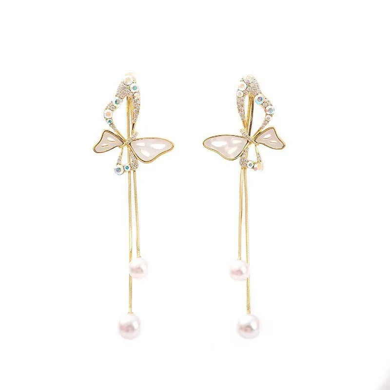 AA01376 Korean Diamond Inlaid Butterfly Pearl Tassel Earrings New Design Temperament Light Luxury S925 Silver Needle Earrings