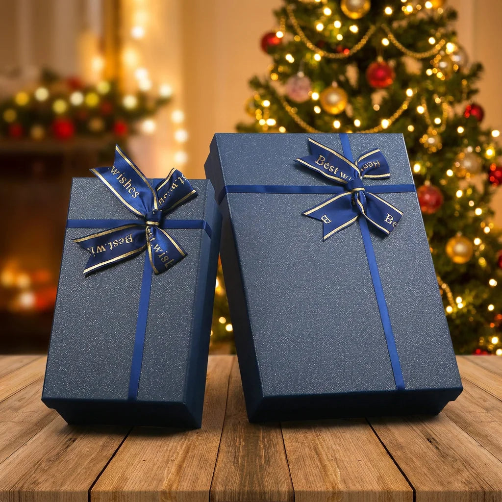 Wholesale Elegant Blue Gift Paper Box Luxury Christmas Chocolate Perfume Gift Package Lid and Base Box With Ribbon Bow