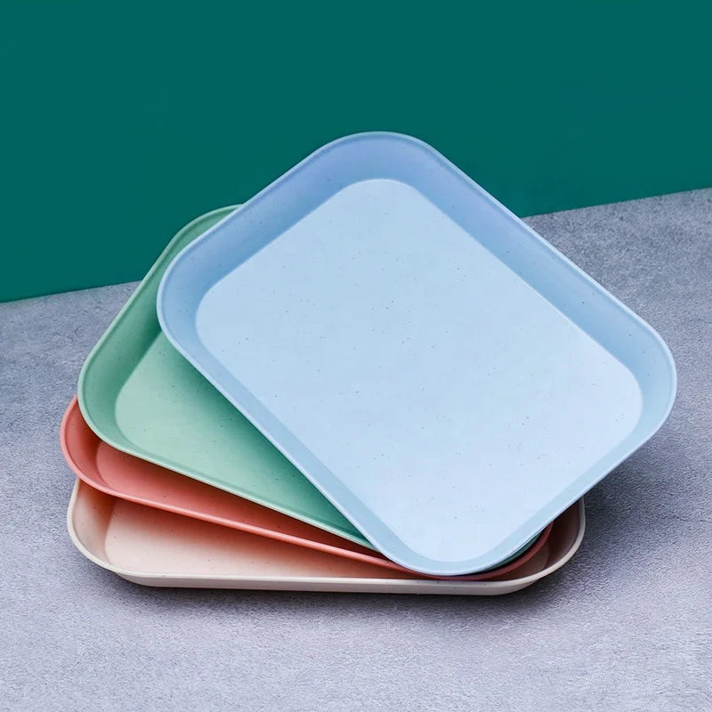Wheat Straw Eco-Friendly PP Unbreakable Microwave Safe Dinner Plates Solid Color Plastic Serving Rolling Trays