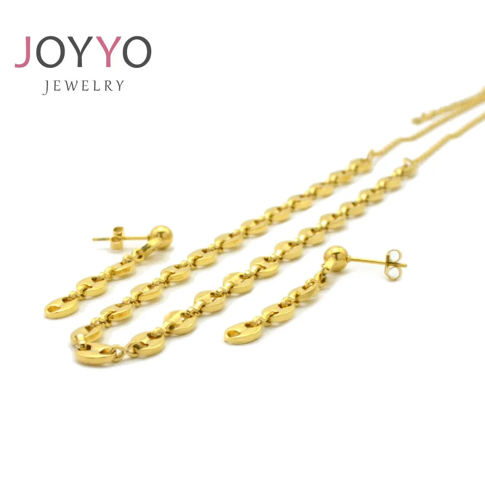 Wholesale 5mm Gold Plated Stainless Steel Coffee Beans Ladies Earrings and Necklace Jewelry Set