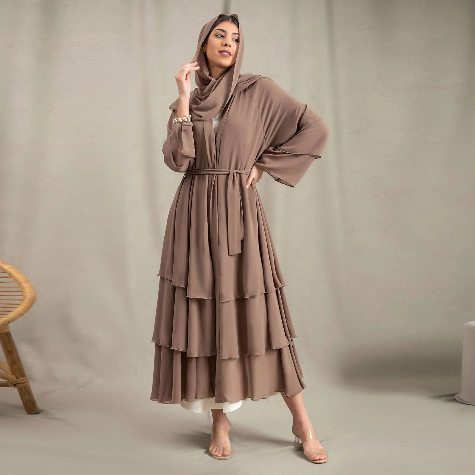 Women New Stylish Dubai Designs Abaya Fashion Big Sleeves Front Open Abaya With Lace Dress 3 Pieces Set
