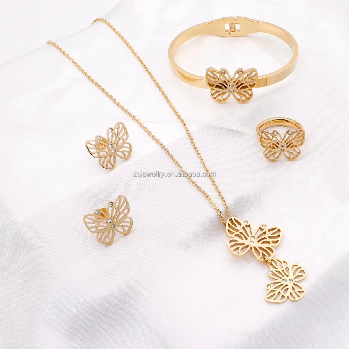 Statement Party Dubai Gold Plated Butterfly Hollow Stainless Steel Jewelry Ring Bracelet Set Geometric Stone Design Jewelry Sets