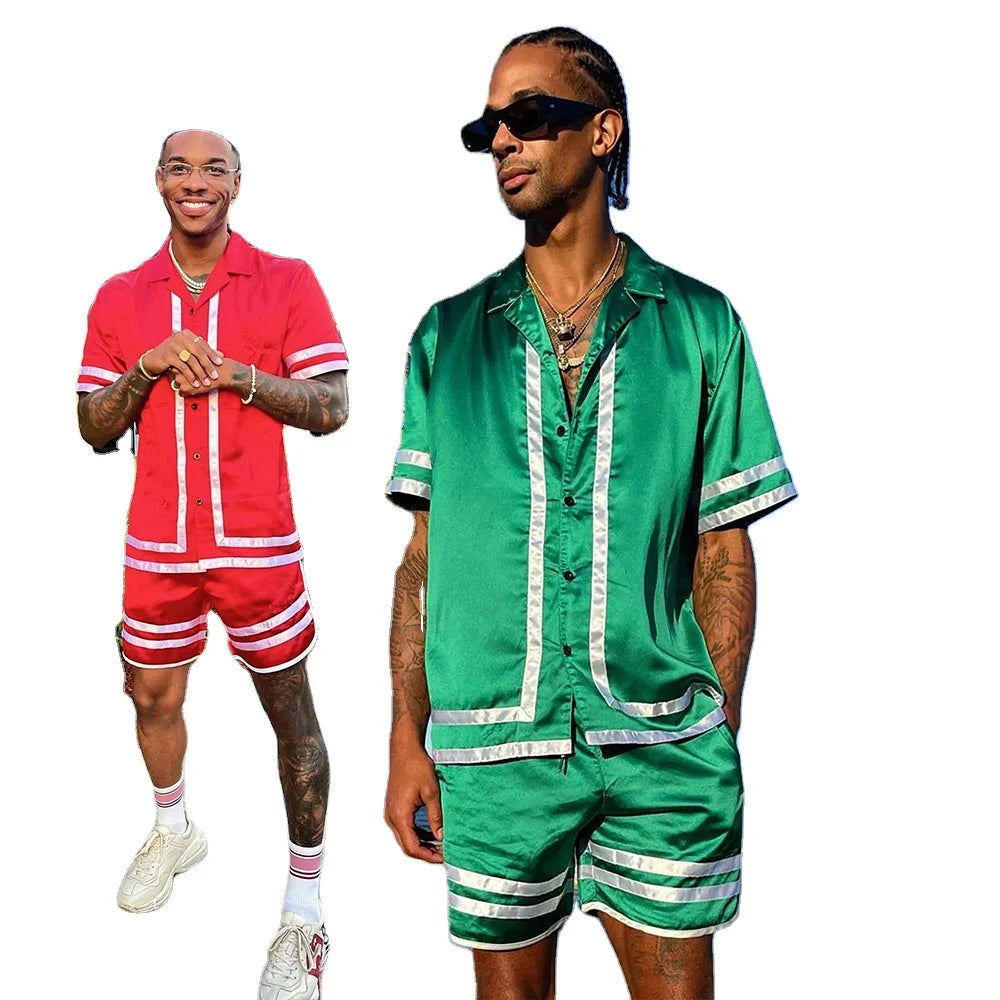 KY New Design Hot Sale Beach Casual Mens Satin Shorts Set Men Boxer Shorts and Button Down Shirts Two Pieces