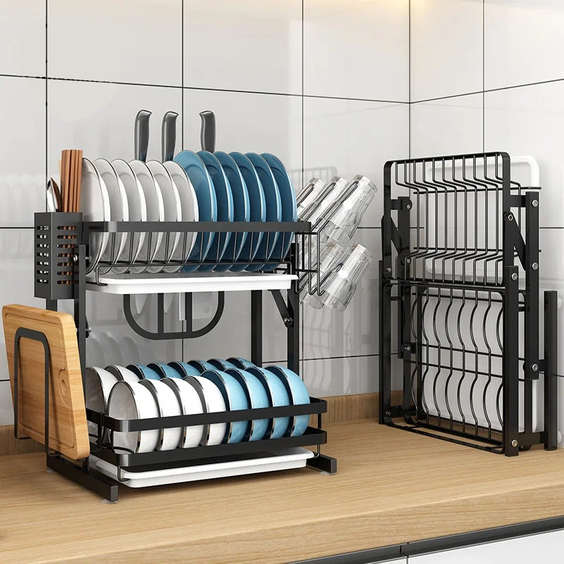 Wall Hanging Kitchen Utensils Stainless Steel Dry Pull Down Foldable Plate Cutlery Dish Drainer Bowl Cups Spoon Storage Rack