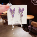 Hot Sale Fashion Earrings Glass Beautiful Butterfly Earrings Full Diamond Long Pearl Tassel Stud Earrings