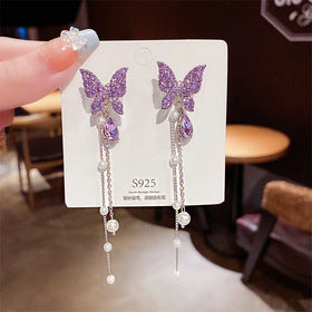 Hot Sale Fashion Earrings Glass Beautiful Butterfly Earrings Full Diamond Long Pearl Tassel Stud Earrings