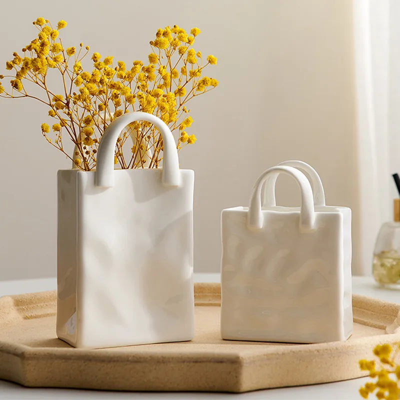 High Exquisite Small Handbag  Ceramic Vase Creative Light Luxury White Porcelain Vase Home Fashion Decorative