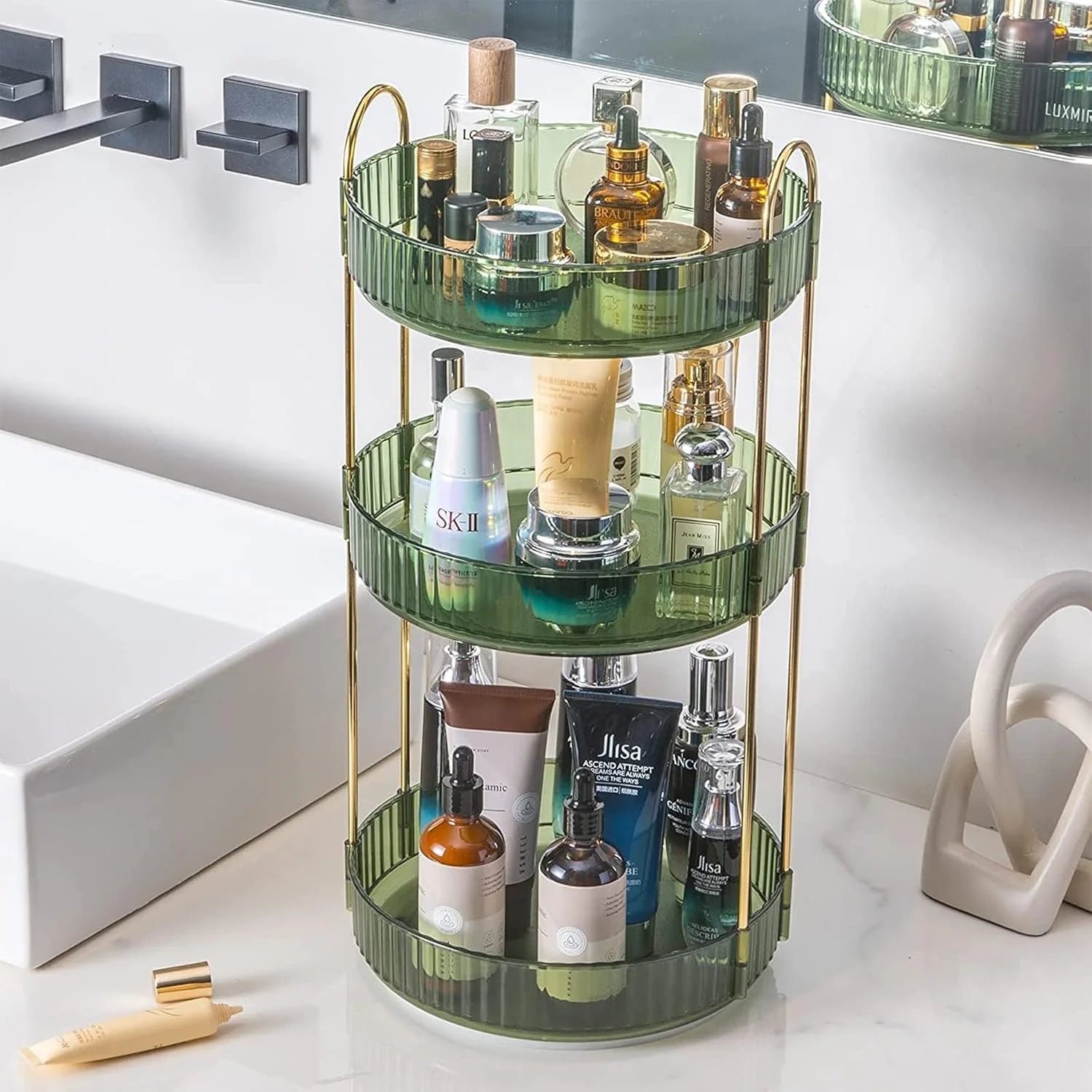 Custom Rotating Makeup Organizer With 3 Tier High-capacity Skincare Tray Clear Make up Storage Box Home Spinning Cosmetic Case