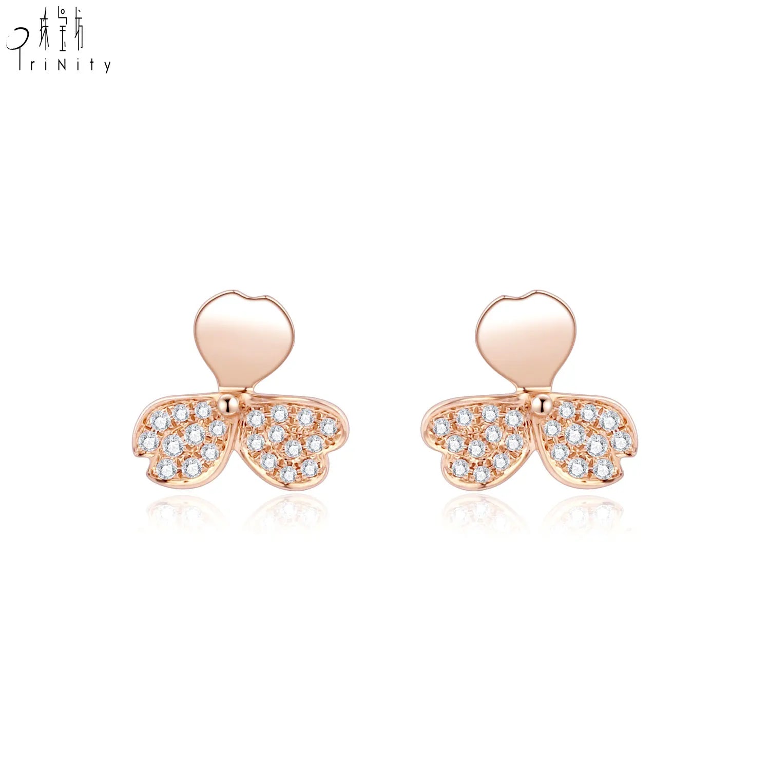 Hot Selling Trendy Design Fine Three Leaf Lucky Grass Earrings Jewelry 18K Solid Rose Gold Real Natural Diamond Stud Earrings